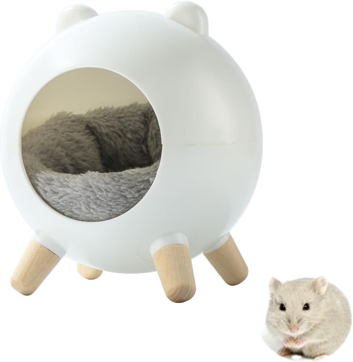 TUTU&LELE Hamster Hideout Space Elf Nest, Tiny House Bed with Round Plush Pad for Hamsters, Mice, Gerbils to Sleep & Play (White)